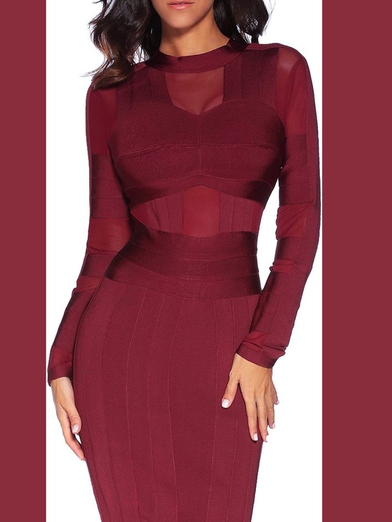 Dresses & Skirts - Women’s Long Sleeve Burgundy Sheer Panel Bodycon Dress